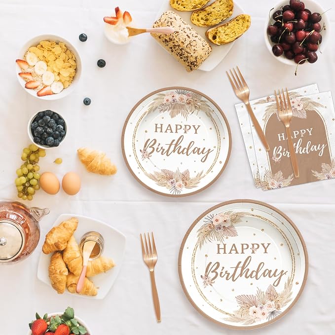 Grencian 96PCS Boho Birthday Party Decorations Boho Birthday Plates and Napkins Disposable Bohemian Pampas Grass Floral Paper Tableware Set for Girls Women Happy Birth-day Party Supplies, Serves 24