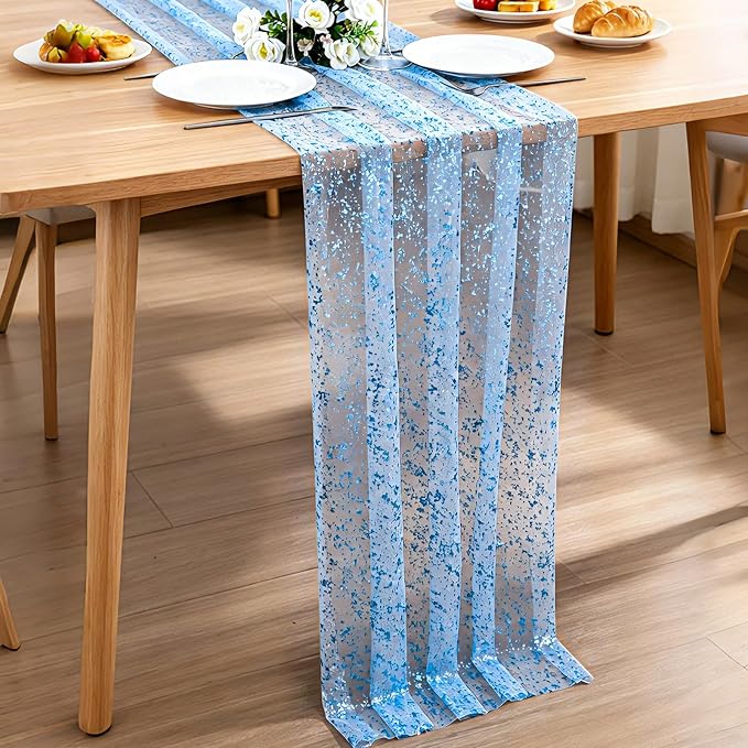 BINBE 3PCS Blue Table Runner 10Ft Sheer Chiffon Fabric Cheesecloth Sequin Glitter Table Runner for Wedding Birthday Party Decor