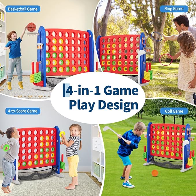Giant 4-in-a-Row Game Set, Whale Design 4-in-1 with Basketball Hoop, Golf, Ring Toss, 42 Jumbo Rings, Adjustable Height, Quick-Release Catch Net - Outdoor Play for Kids & Adults