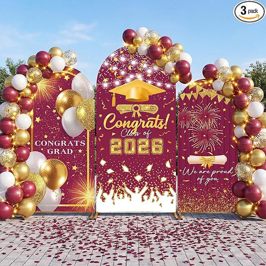 WovWeave Graduation Arch Backdrop Stand Cover Set of 3-4ft 5ft 6ft Grad Arch Cover Photo Booth Backdrop Decorations for Graduation Party Decor Supplies(Maroon Gold,Congrats)