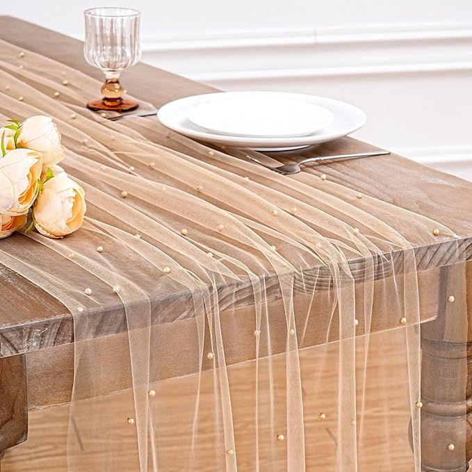 6 Pieces Pearl Tulle Table Runner: 10ft Tulle Table Runners Champagne Fabric for Wedding Chiffon Arch Bridal Veil Baby Shower Sweetheart Table Decor 29x120 Inch
