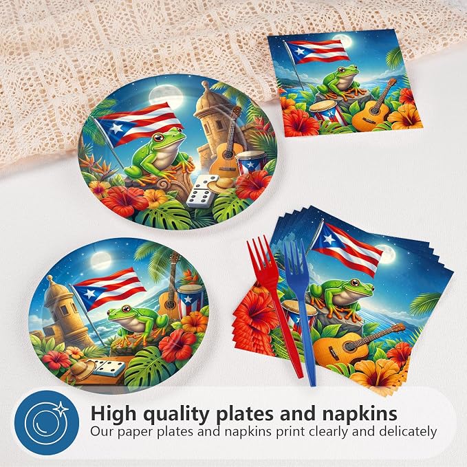 96Pcs Puerto Rico Party Decoration Flag Frog Plates and Napkins Coqui Frog Tableware Set for Puerto Rico Holiday Family Gathering Birthday Fiesta Theme Party Supplies, Serves 24