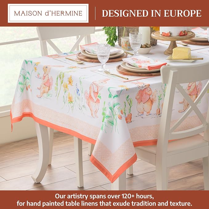 Maison d' Hermine Table Cloth Rectangle Table 100% Cotton 70 x 90 Inches Tablecloth Reusable Decorative for Dining Kitchen Room Farmhouse Party Home Hotel Restaurant Spring Summer - Bunny Party