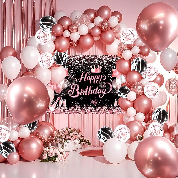 Rose Golden Happy Birthday Party Balloons Decorations Set, 80 PCS | with Photo Background Backdrop, Happy Birthday Sign Cloth, 3PCS 18inch Metal Pink Gold Balloons, Rose Gold Confetti Balloons