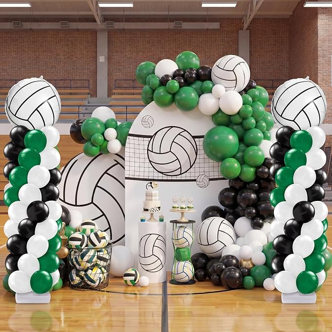 Kasyat 2 Sets Volleyball Balloon Column Stand Kit Green Black White Volleyball Sports Balloons Adjustable Balloon Arch Stands for Senior Night Decorations Birthday Supplies