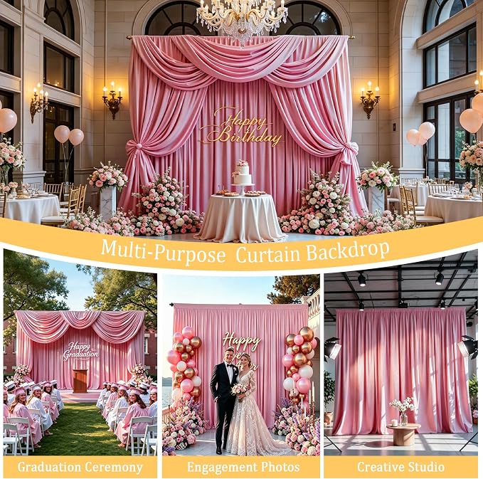 Gallety Pink Backdrop Curtain for Wedding, Photo Backdrop Curtain for Bridal Shower Decorations - 10FT x 10FT Pink Backdrops Fabric with Rod Pockets for Celebration,Birthday,Girls' Theme Parties