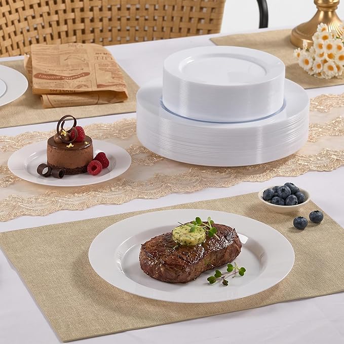 Fijinhom 100PCS White Disposable Plates for 50 Guests Including 50PCS 10" Dinner Plates & 50PCS 7" Dessert Plates, White