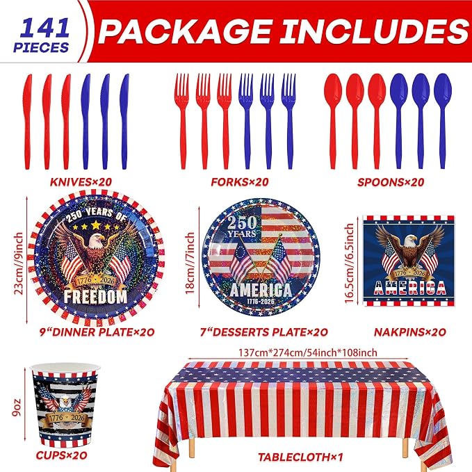 Iridescent USA 250 Years Anniversary Party Tableware Decorations Kit, Holographic Laser Plates(9”+7”), Sparkling Patriotic Tablecloth 9ft, Cups Napkins for 4th of July, Kids Birthday, Patriotic Party