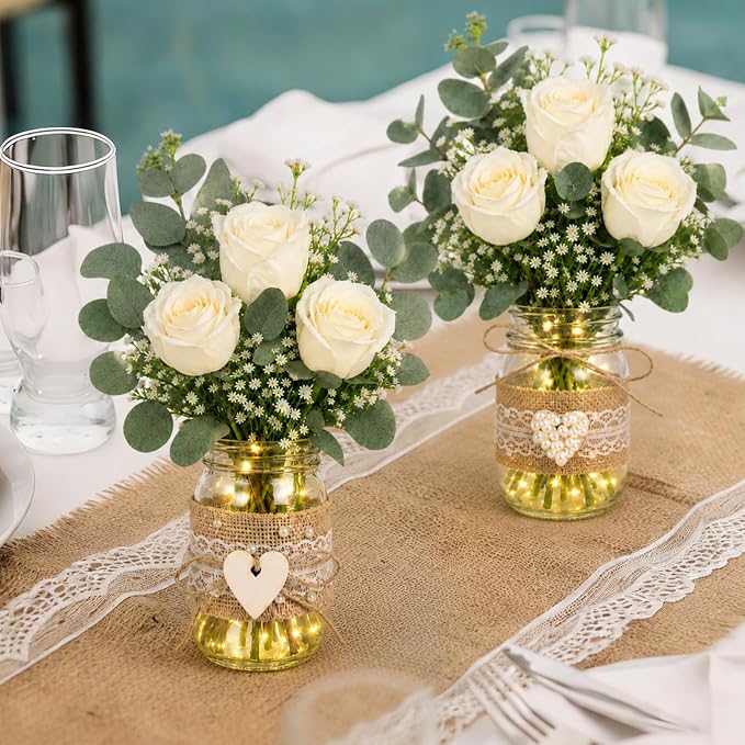 Cinrobiye 6 Sets Rustic Wedding Centerpieces for Tables with Mason Jars, White Rose and Eucalyptus Floral Arrangements, Bridal Shower, Baby Shower, Engagement Party and Farmhouse Table Decorations