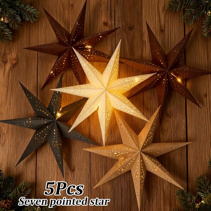 Paper Lantern Christmas 5Pcs Hanging Stars 7 Pointed 12 Inch White Gray Brown Hanging Stars Lanterns Christma Lamp Decorations Wedding Birthday Christmas Home Party