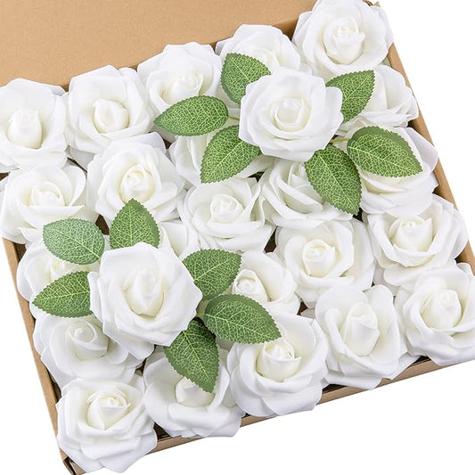 DuHouse 25Pcs Artificial Roses Flowers Fake Roses with Stems Real Touch Foam Flowers for DIY Wedding Bouquet Centerpiece Floral Arrangement Party Home Decor(White)