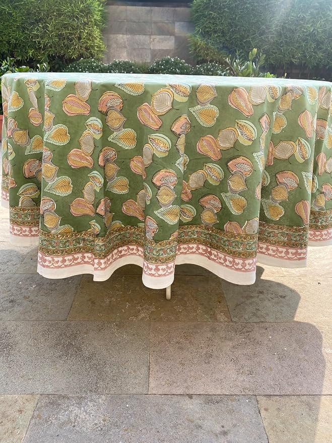Ridhi Round Tablecloth Hand Block Print 100% Cotton Reusable Peppermint Green 132 Inch Table Cover Decorative Everyday Use for Dining, Home, Party, Wedding, Farmhouse Gift for Spring, Mother's Day