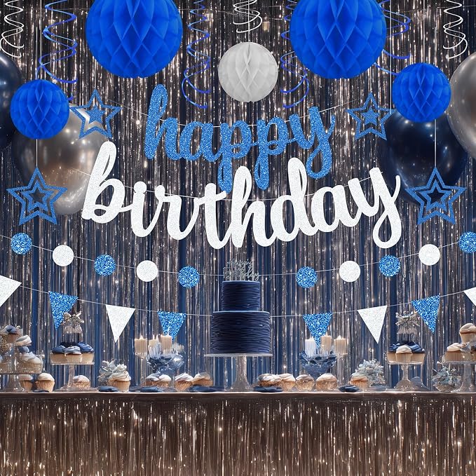 Blue and Silver Birthday Party Decorations Set - Happy Birthday Banner Balloons Foil Curtains Hanging Swirls for Men Women Kids Birthday Party Supplies