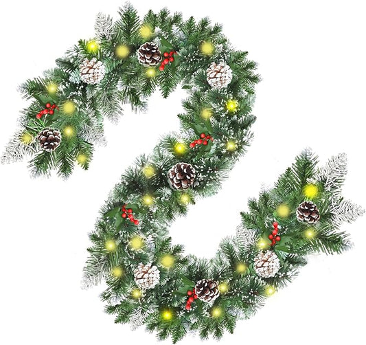 6FT Christmas Garland with Lights, Artificial Flocked Pine Garland Realistic Christmas Decorations for Mantle Fireplace Stairs Door Outdoor Decor, Snow