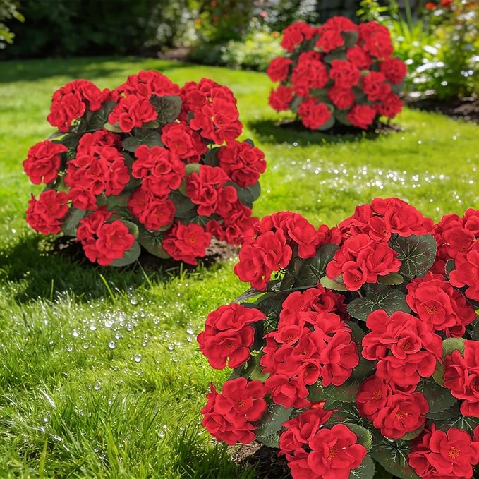 Ouddy Decor Artificial Geranium Flowers for Outdoors, Fake Silk Flowers UV Resistant Faux Geraniums for Vase Planter Garden Patio Balcony Porch Indoor Outdoor Spring Summer Home Decor, 24 Pcs Red