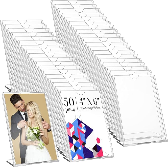Maitys 50 Pack 4x6 Acrylic Picture Frame Bulk Vertical Clear Plastic Photo Frames Self Standing Brochure Holders Price Display Signs L-shape Plastic Frames for Wedding, Restaurant, Office, Desktop