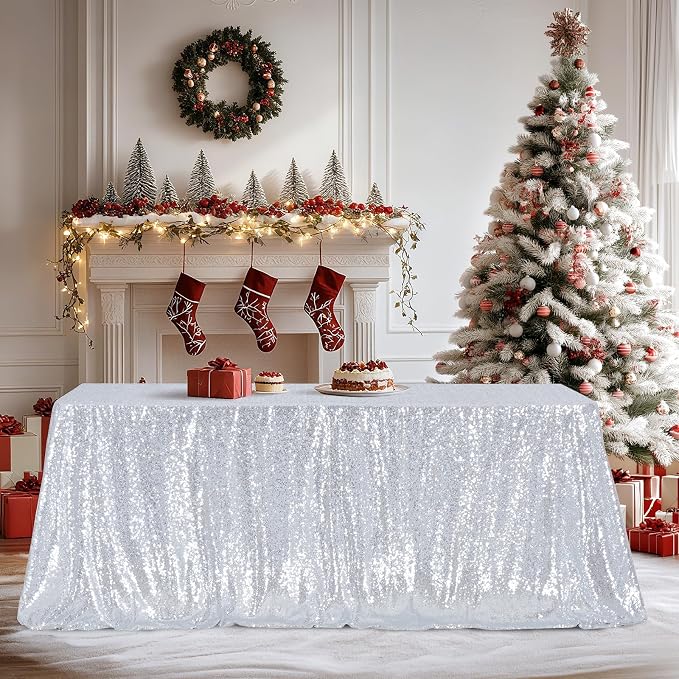 Poise3EHome Silver Sequin Tablecloth 60×102 Inch Rectangle Seamless Glitter Tablecloth for Baby Shower Birthday Christmas Party Wedding