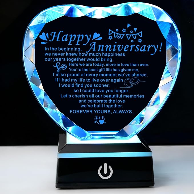 Wedding Anniversary Crystal Heart Gifts, Happy Anniversary Marriage Gifts for Wife Husband Him Her Men Women with LED Base Romantic Presents for Girlfriend Boyfriend