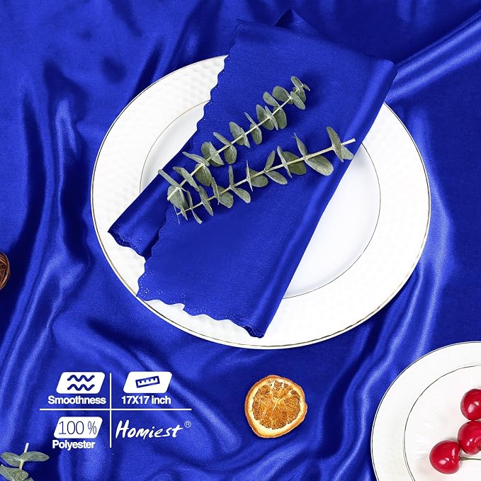 Homiest Royal Blue Satin Napkins - 100 Pack, 17x17 Inches, Scalloped Square, Silky Elegant Wedding Napkins for Restaurant Banquet Graduation Party