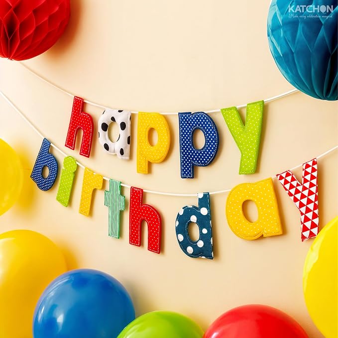 KatchOn, Fabric Happy Birthday Banner – 10 Feet, Resuable, Pre-Strung | Happy Birthday Sign for Colorful, Rainbow Birthday Decorations | Colorful Party Banner for Multicolor Birthday Party Decorations