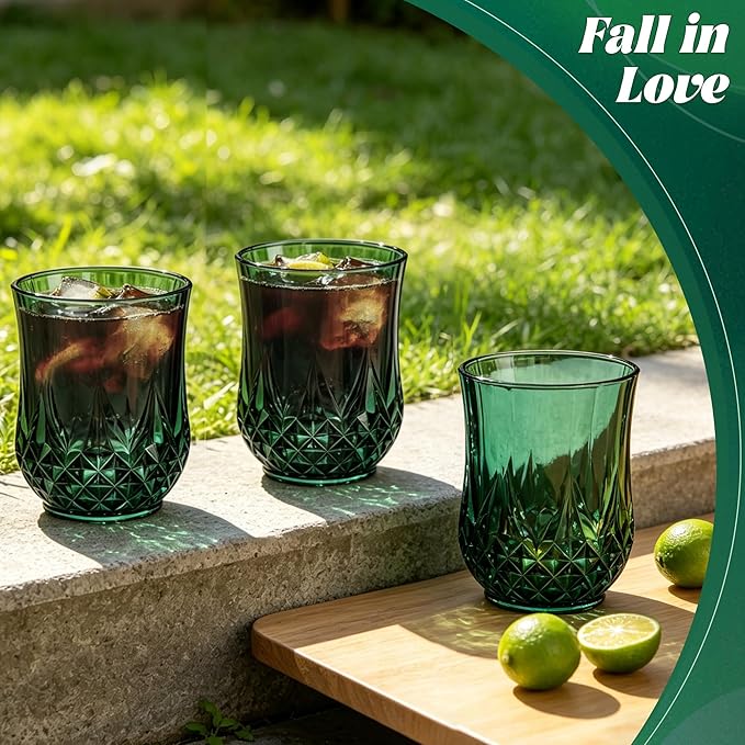 12 Pack Plastic Stemless Wine Glasses,12oz Unbreakable Vintage Elegant Drinking Glass Set,Reusable Fancy Cocktail Cups for Party, Wedding, and Bulk Events (12, 12oz-Dark Green)