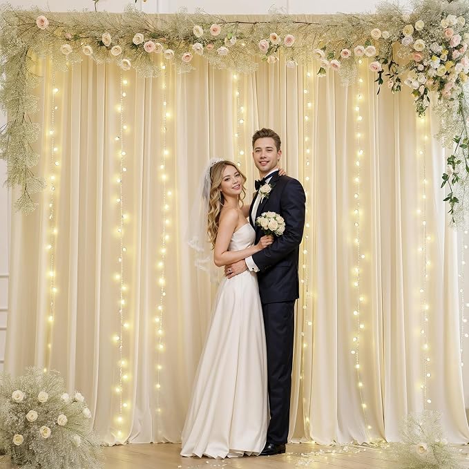 20x10FT Beige Backdrop Curtains with Lights for Parties,Wrinkle Free Wedding Photo Backdrop Curtains for Baby Shower Birthday Ceremony Reception Home Party Decorations-5ft x 10ft,4 Panels