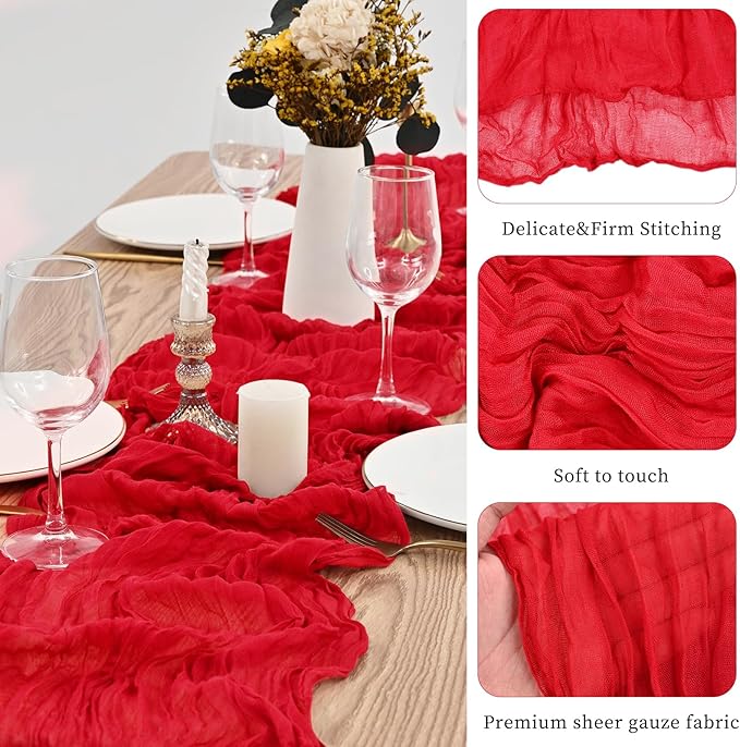 10 Pack Red Table Runner 10Ft Cheesecloth Table Runner Boho Gauze Cheese Cloth Table Runners Romantic Long Sheer Fabric Table Runners for Wedding Party Bridal Shower
