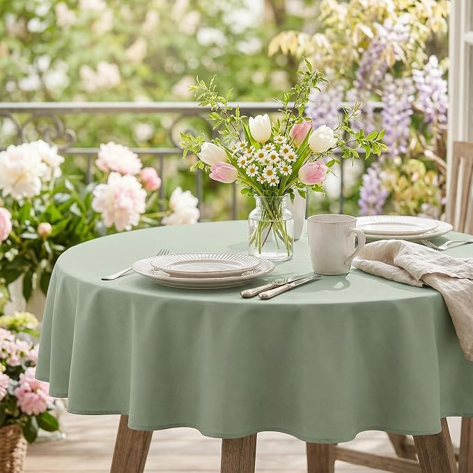 sancua Round Tablecloth - 60 Inch - Water Resistant Spill Proof Washable Polyester Table Cloth Decorative Fabric Table Cover for Dining Tables, Buffet Parties and Camping, Sage Green