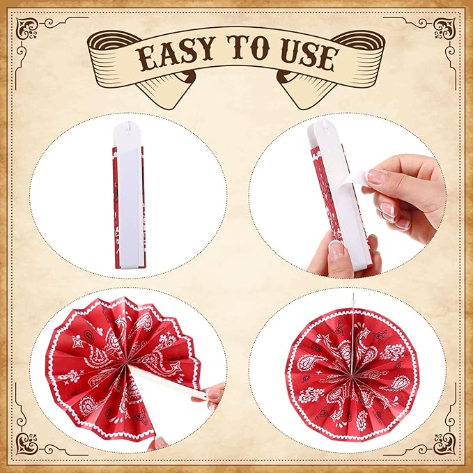 Outus 27 Pcs Western Party Decorations Paper Fans Wild West Bandana Hanging Paper Fans Ceiling Wall Garland for Western Cowboy Themed Party Decorations (Red/Blue)