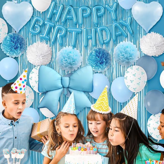 Blue Birthday Decorations, White Sand Happy Birthday Balloon Banner with Bow and Heart Foil Balloons Fringe Curtain Tissue Paper Pompoms Garland Party Supplies for Boys Men Girls Women
