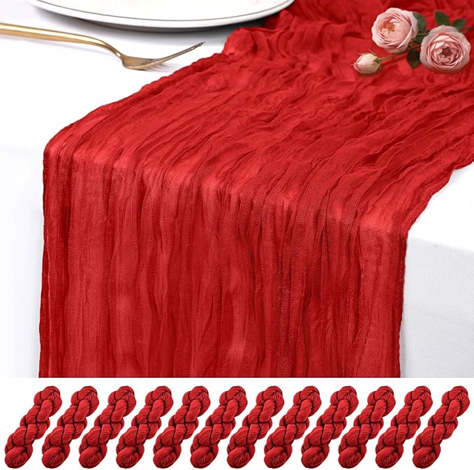 10 Pack Red Cheesecloth Table Runner 17x108 Inch Semi Sheer Boho Rustic Gauze Cheese Cloth Table Runners for Wedding Party Birthday Baby Shower Home Décor