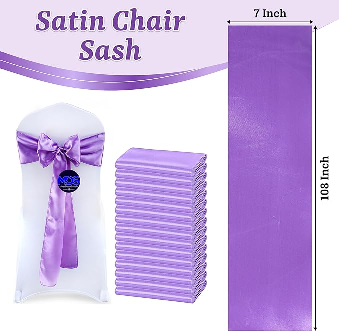 MDS Satin Chair Sashes, 100 Pack, 7”x108” Each, Decorative Chair Bows Ribbon Tie Backs for Wedding Party, Holiday Dinner, Birthday, Reception, Banquet, Hotel & Event Decoration - Lavender
