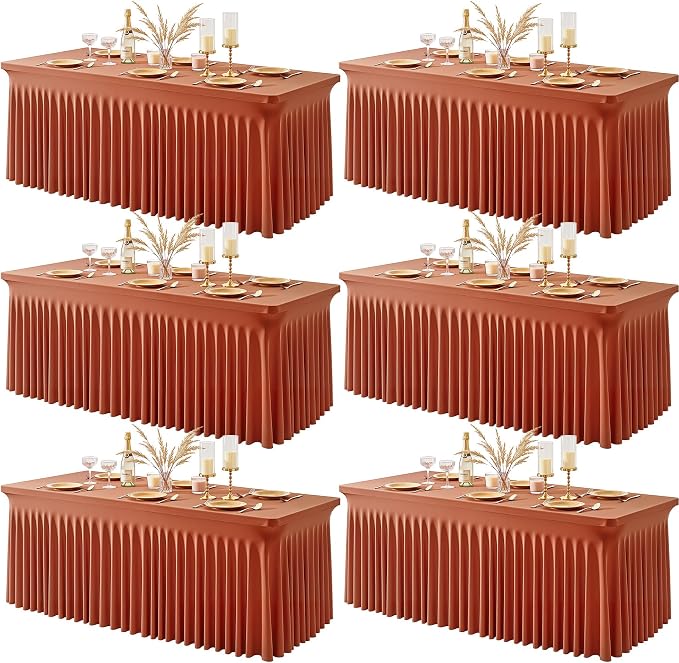 6 Packs Terracotta Spandex Tableclothes for 8 Foot Rectangle Tables, Wrinkle Free 8ft Fitted Table Cover Stretch Table Cloth Desk Skirt for Weddings Baby Shower Birthday Party Banquet Decorations