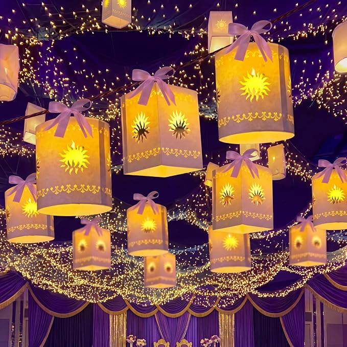 Beeveer 20 Pack Princess Sun Hanging Lanterns DIY Set Purple Princess Hanging Paper Lanterns Purple Sun Cutout Square Round Decorations for Birthday Party, Light String Not Included(Classic Color)