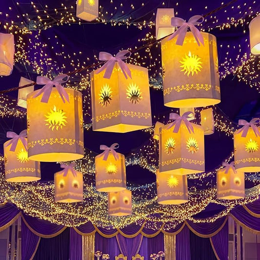 Beeveer 20 Pack Princess Sun Hanging Lanterns DIY Set Purple Princess Hanging Paper Lanterns Purple Sun Cutout Square Round Decorations for Birthday Party, Light String Not Included(Classic Color)