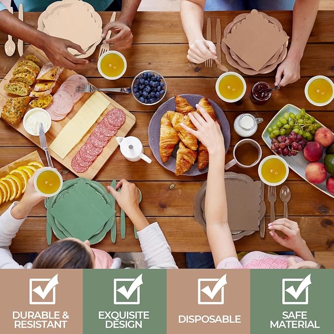 Qinyoung 388 Pcs Woodland Baby Shower Tableware Decorations Include Sage Green Brown Forest Scalloped Plate Paper Napkin Cup Plastic Cutlery for Safari Jungle Neutral Birthday Wedding, Serves 48