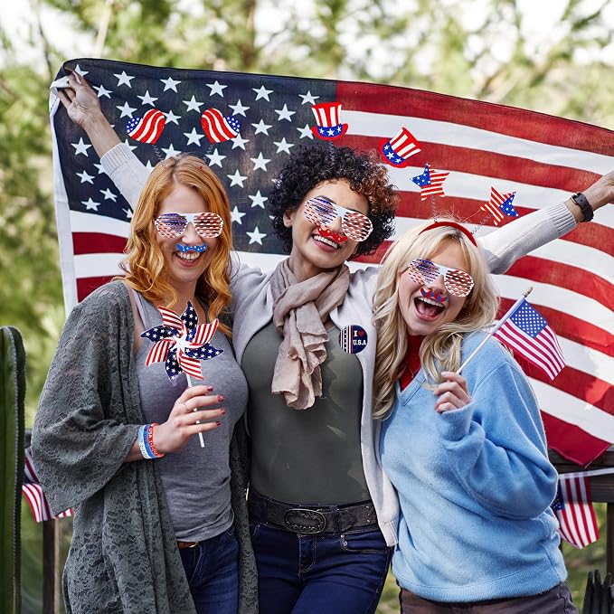 DysanVica 136PCS 4th of July Accessories - Patriotic Party Favors Fourth of July Decoration Supplies Headband Shutter Glasses Tattoo Sticker Necklace Flag American Memorial Independence Day USA Themed