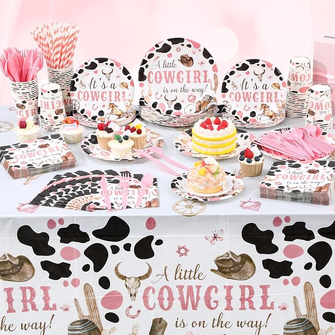 Funnymoom 452 Pcs Cowgirl Baby Shower Party Decorations Include a Little Cowgirl Is on the Way Paper Plates Napkins Cups Tablecloth Cutlery Straws for Baby Shower Party Supplies