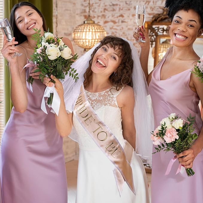 Luxury Bride to Be Sash Set – Embroidered Sash with Colored Trim, Embroidered Veil & Temporary Tattoos – Bridal Shower Hen Night Bachelorette Party Accessories