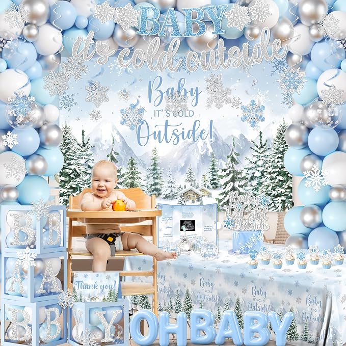 Baby It’s Cold Outside Baby Shower Decorations, Blue Winter Baby Shower Decorations for Boy Winter Woodland Tablecloth Banner Backdrop Balloon Box Cupcake Topper Hanging Swirl for Boy Gender Reveal