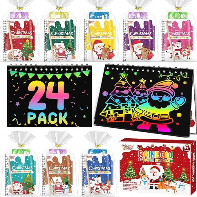 Scratch Paper Art Party Favors for Kids 8-12: 24 Pack Christmas Rainbow Scratch Art Notebook, Christmas Coloring Books Goodie Bags Stuffers for Kids, Bulk Classroom Gifts for Student