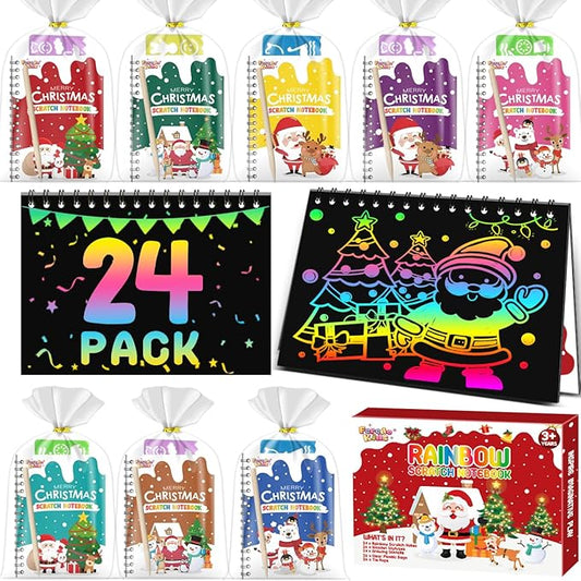 Scratch Paper Art Party Favors for Kids 8-12: 24 Pack Christmas Rainbow Scratch Art Notebook, Christmas Coloring Books Goodie Bags Stuffers for Kids, Bulk Classroom Gifts for Student