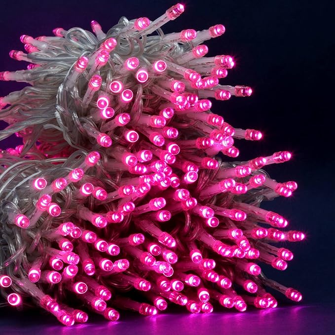 YULETIME 300 Pink String Lights, 100 ft Clear Wire 8 Models Wide Angle LED | 5mm Bulbs, Safe 29V Adapter, Multimode Lighting, Connectable, 100' Total Length, 1-Strand 300 Lights, 4" Spacing