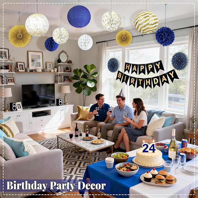 Blue and Gold Party Decorations - 22Pcs Hanging Navy Royal Blue White and Gold Paper Lanterns, Pom Poms, Fans & Honeycomb Balls for Graduation, Birthday, Retirement & Royal Theme Party Supplies