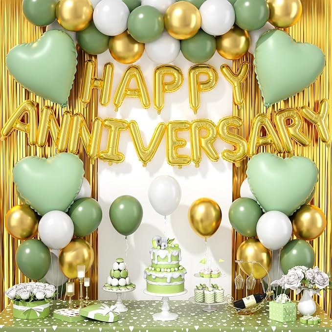 Anniversary Decorations Green Gold,Happy Anniversary Balloon Banner with Heart Foil Balloons Fringe Curtain for Wedding Party Valentine's Day Romantic Night Surprise