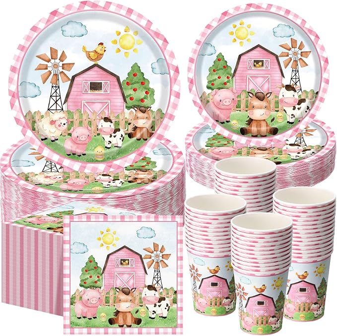 Funnymoom 250 Pcs Farm Animals Themed Party Decorations Barn Animal Paper Plates Cups and Napkins Disposable Pink Barnyard Farm Tableware Set for Birthday Baby Shower Party Supplies, Serves 50