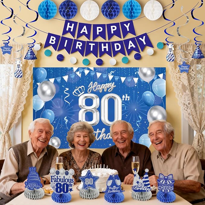 Happy 80th Birthday Party Decoration: Including Birthday Banner Backdrop, Party Table Centerpieces and Hanging Swirl Party Streamers, Birthday Decor for Men and Women (Blue, 80th Birthday)
