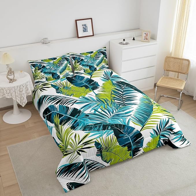 jejeloiu Palm Leaf Comforter Set Twin Size Kids Tropical Leaves Pattern Bedding Set for Boys Girls Summer Boho Bohemian Style Botanical Branches Nature Theme Duvet Quilt Room Decor