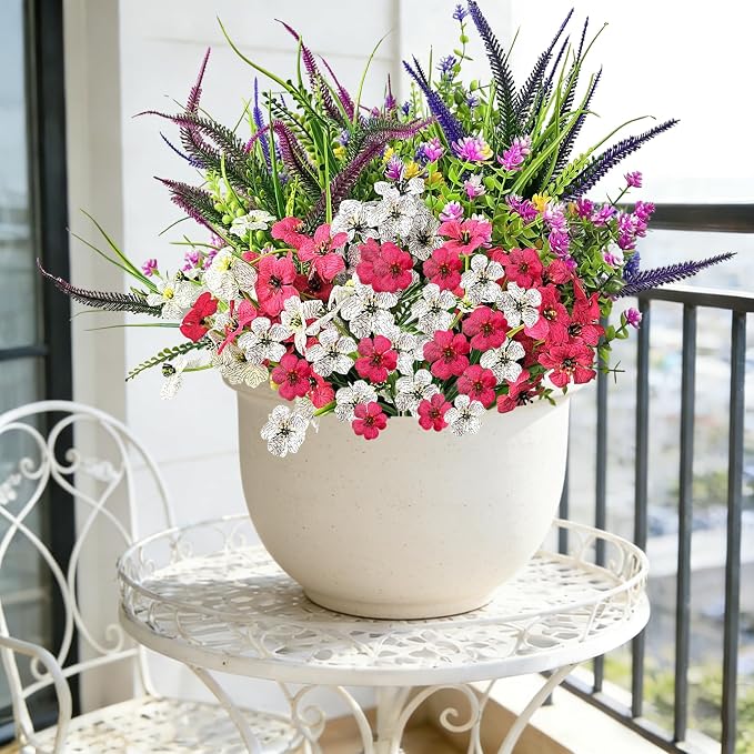 Artificial Flowers for Outdoor,18 Bundles UV Resistant Fake Plants for Outside Window Box Porch & Hanging Planters-Realistic Plastic Faux Flowers for Garden Patio Wedding Decor (Magenta,Purple,Red)