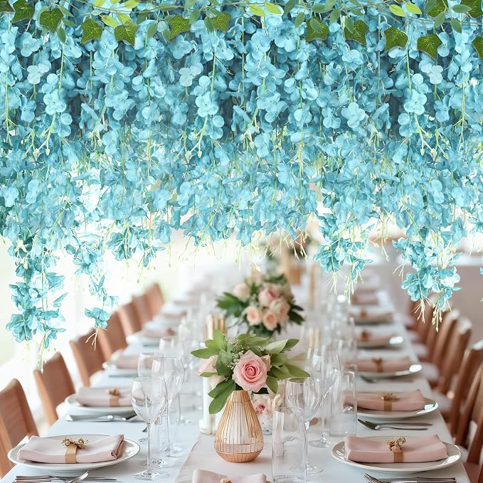 LELEE 25 Pcs Artificial Wisteria Hanging Flowers 3.6ft Light Blue Fake Hanging Flowers Garland Silk Flowers Rattan String Faux Wisteria Vine for Wall Home Wedding Party Arch Greenery Backdrop Decor